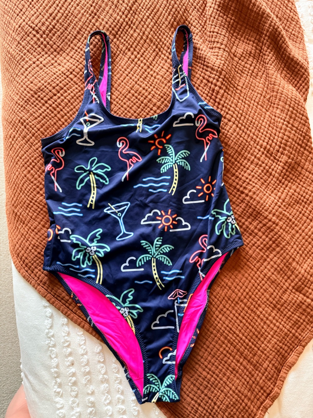 Neon Beach Print One-Piece Swimsuit - Navy & Pink